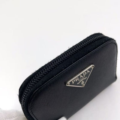 Prada Triangle Logo Coin Case Leather Black Wallet Silver