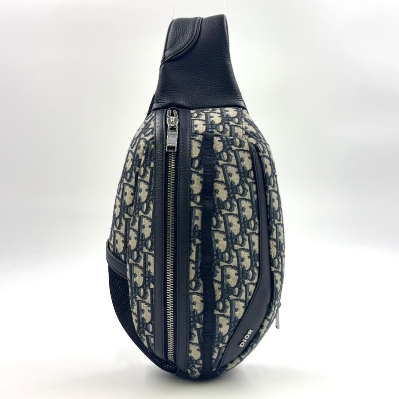 Christian Dior Scarab Oblique Leather X Canvas Black X Beige Body Bag Silver
