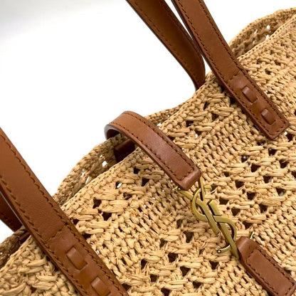 Saint Laurent Paris Pannier Small Crochet Leather X Raffia Brown X Beige Tote