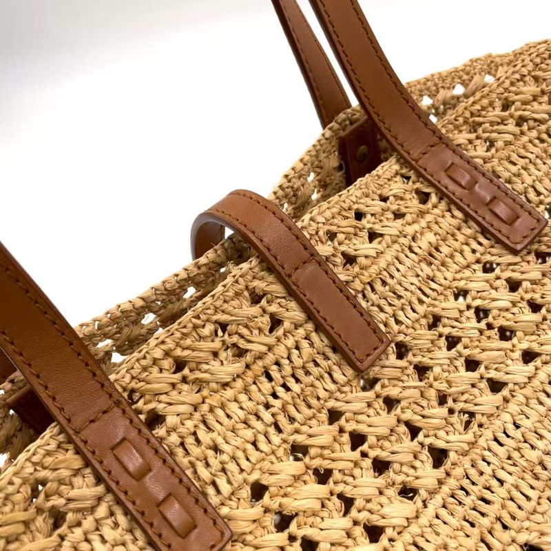Saint Laurent Paris Pannier Small Crochet Leather X Raffia Brown X Beige Tote