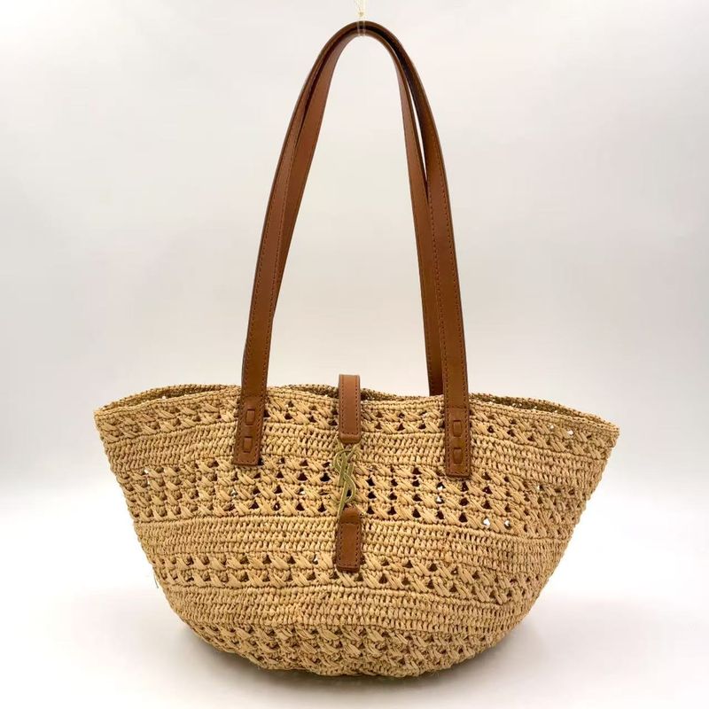 Saint Laurent Paris Pannier Small Crochet Leather X Raffia Brown X Beige Tote
