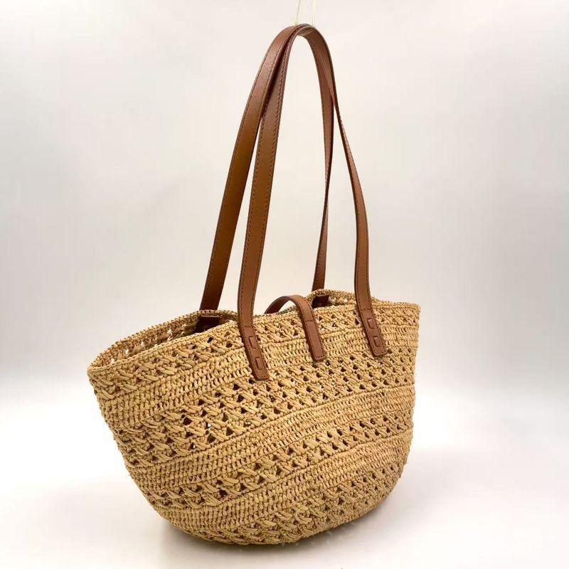 Saint Laurent Paris Pannier Small Crochet Leather X Raffia Brown X Beige Tote