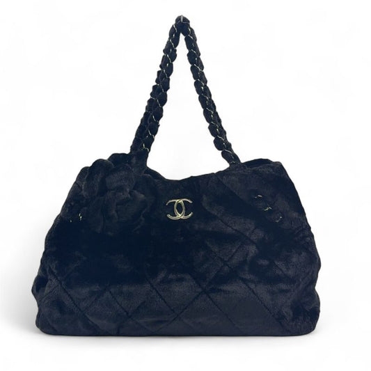 Chanel Camellia Matelasse Serial No 13 Series Enamel Leather X Fur Black Chain