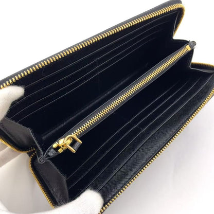 Prada Metal Prada Logo Round Zip Leather Black Long Wallet Gold