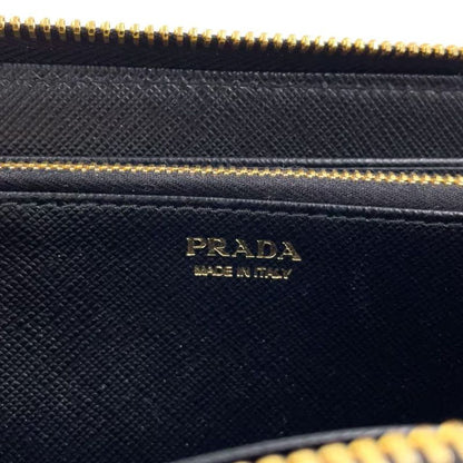 Prada Metal Prada Logo Round Zip Leather Black Long Wallet Gold