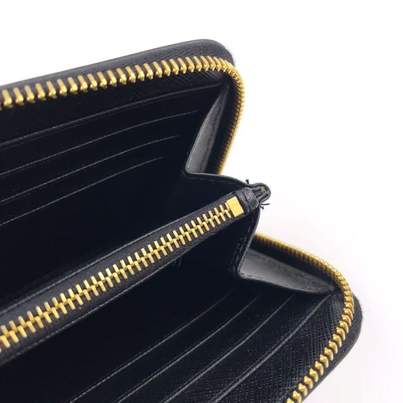Prada Metal Prada Logo Round Zip Leather Black Long Wallet Gold