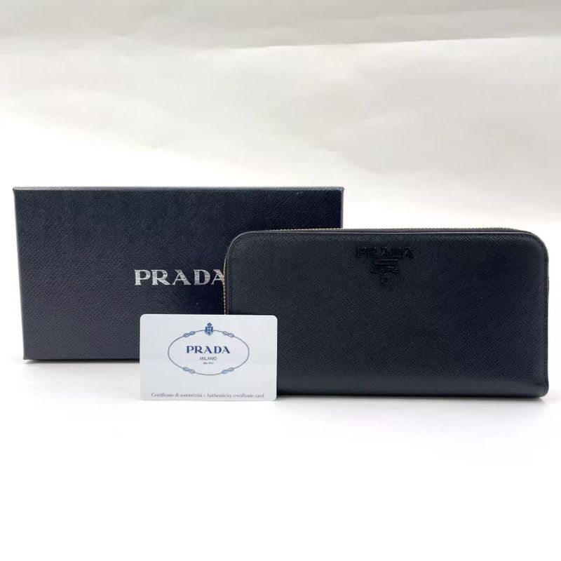 Prada Metal Prada Logo Round Zip Leather Black Long Wallet Gold
