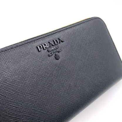 Prada Metal Prada Logo Round Zip Leather Black Long Wallet Gold