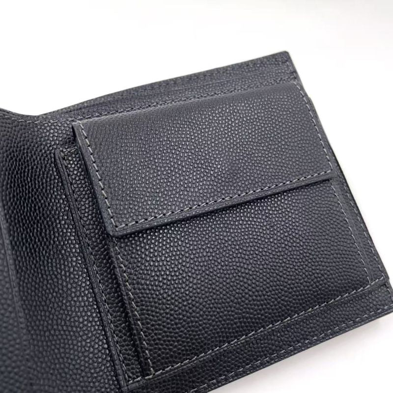 Cartier Santos Logo Plate Fold Leather Black Wallet Silver