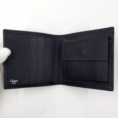 Cartier Santos Logo Plate Fold Leather Black Wallet Silver