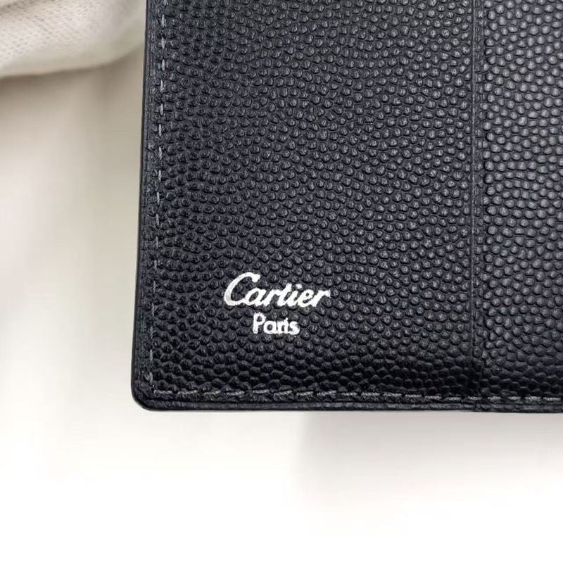 Cartier Santos Logo Plate Fold Leather Black Wallet Silver