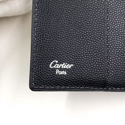 Cartier Santos Logo Plate Fold Leather Black Wallet Silver