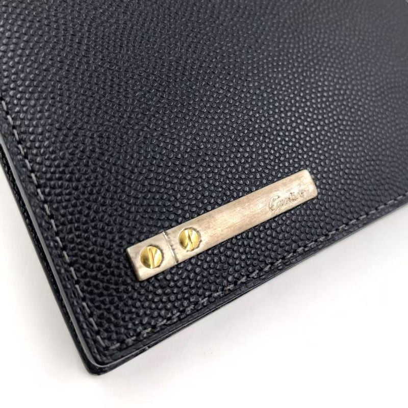 Cartier Santos Logo Plate Fold Leather Black Wallet Silver