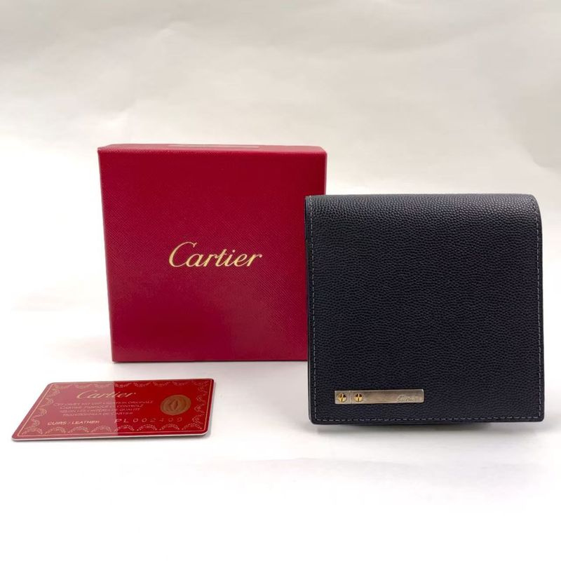 Cartier Santos Logo Plate Fold Leather Black Wallet Silver