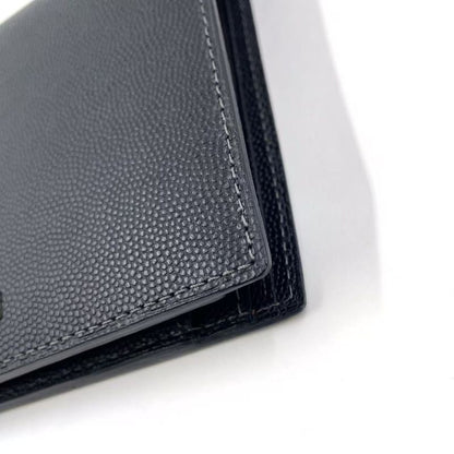 Cartier Santos Logo Plate Fold Leather Black Wallet Silver