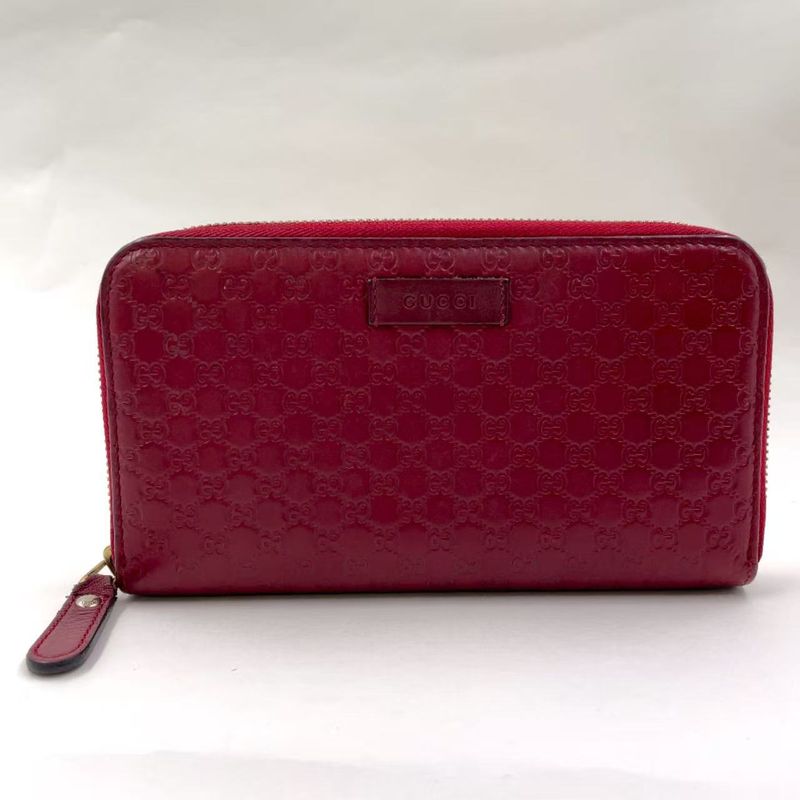Gucci Micro Guccissima Round Zipper Long Wallet Leather Red Wallet Gold 449391