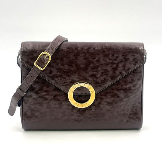 Celine Vintage Circle Hardware Logo 2WAY Clutch Leather Brown Shoulder Bag Gold