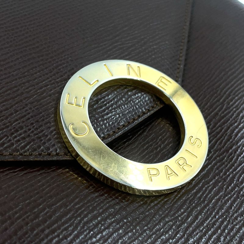 Celine Vintage Circle Hardware Logo 2WAY Clutch Leather Brown Shoulder Bag Gold