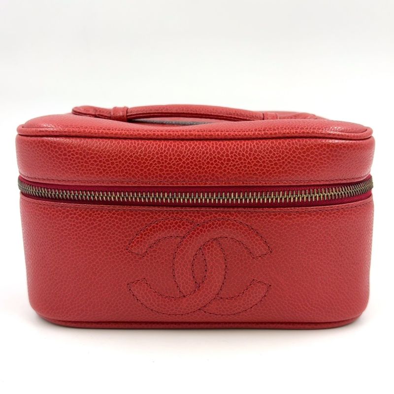 Chanel Coco Mark Vanity Pouch Serial No 3 Caviar Skin Red Handbag Gold