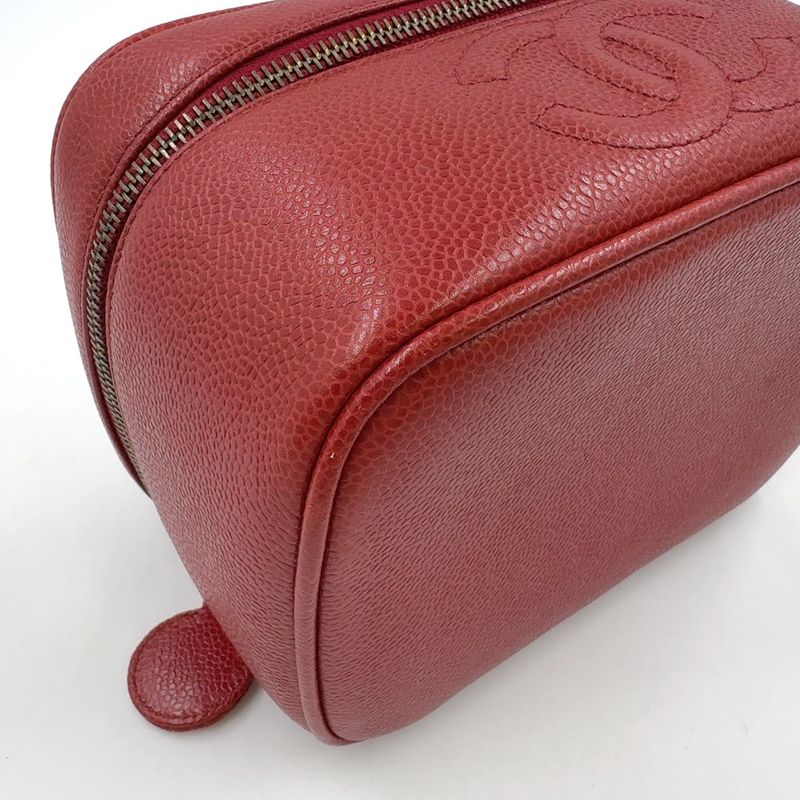 Chanel Coco Mark Vanity Pouch Serial No 3 Caviar Skin Red Handbag Gold