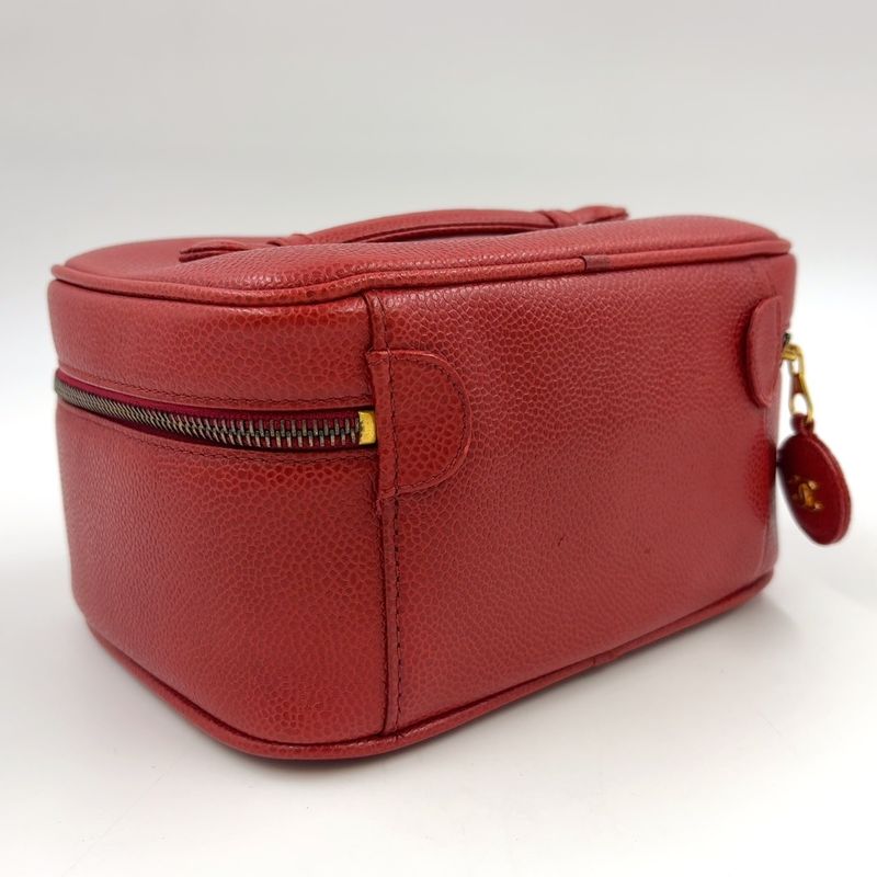 Chanel Coco Mark Vanity Pouch Serial No 3 Caviar Skin Red Handbag Gold