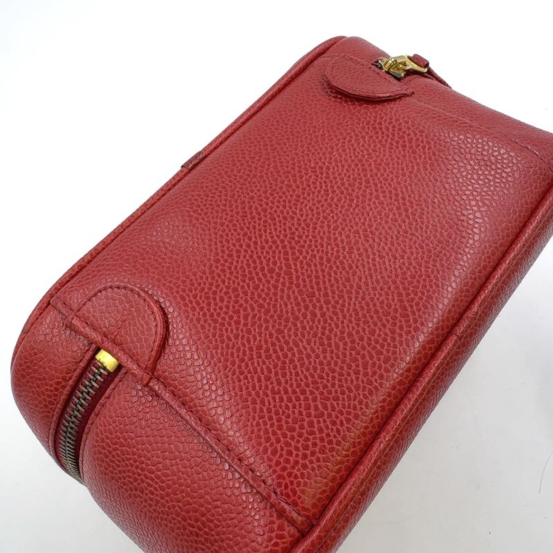 Chanel Coco Mark Vanity Pouch Serial No 3 Caviar Skin Red Handbag Gold