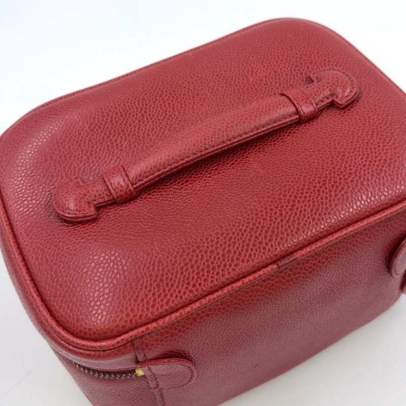 Chanel Coco Mark Vanity Pouch Serial No 3 Caviar Skin Red Handbag Gold