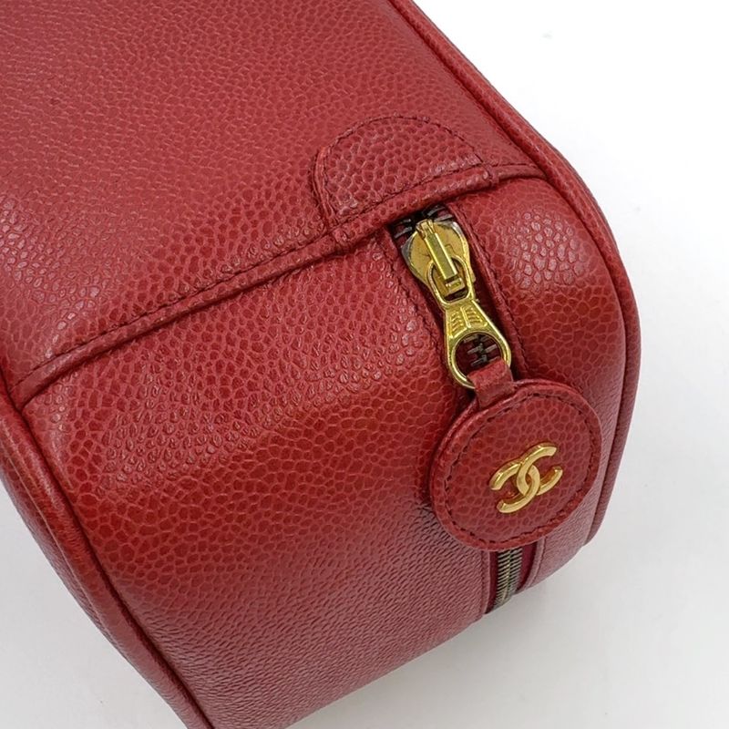 Chanel Coco Mark Vanity Pouch Serial No 3 Caviar Skin Red Handbag Gold