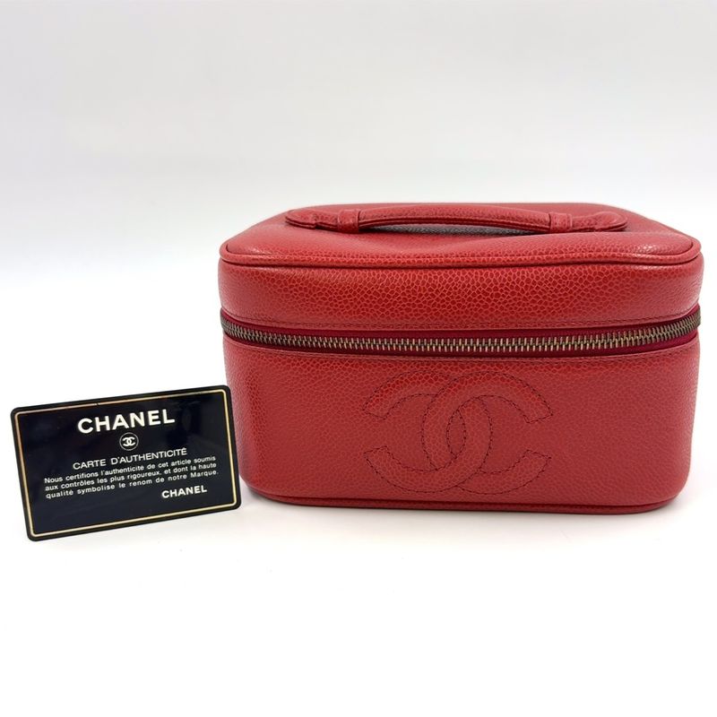 Chanel Coco Mark Vanity Pouch Serial No 3 Caviar Skin Red Handbag Gold