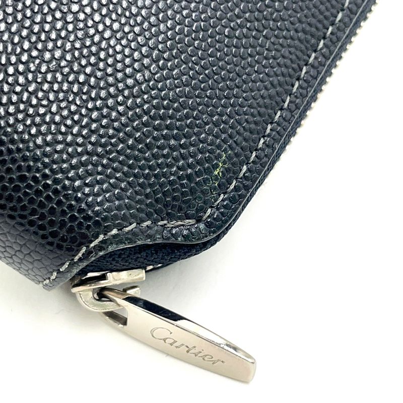 Cartier Santos De Cartier Round Long Wallet Leather Black Wallet Silver