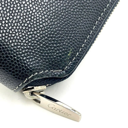 Cartier Santos De Cartier Round Long Wallet Leather Black Wallet Silver