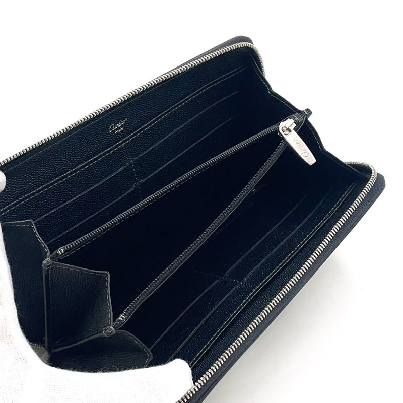 Cartier Santos De Cartier Round Long Wallet Leather Black Wallet Silver