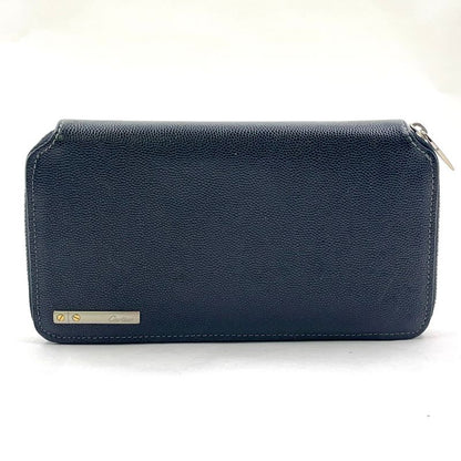 Cartier Santos De Cartier Round Long Wallet Leather Black Wallet Silver