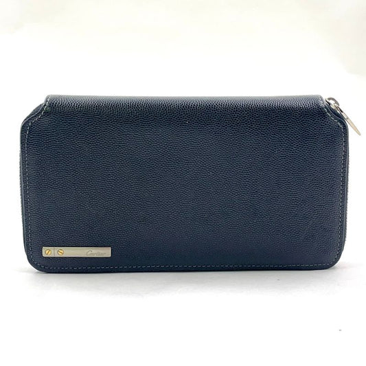 Cartier Santos De Cartier Round Long Wallet Leather Black Wallet Silver