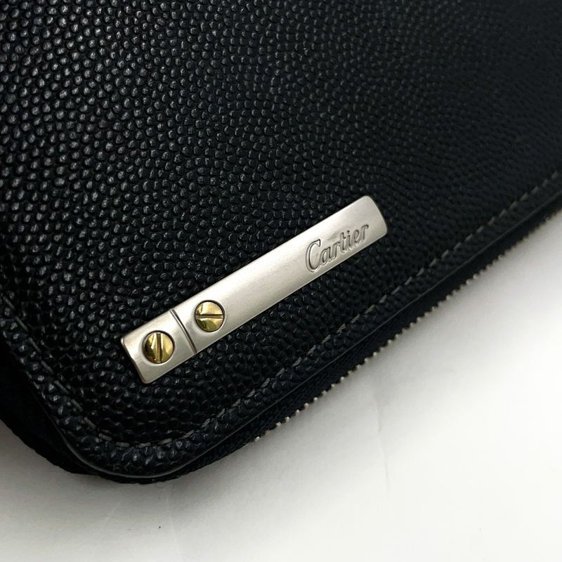 Cartier Santos De Cartier Round Long Wallet Leather Black Wallet Silver