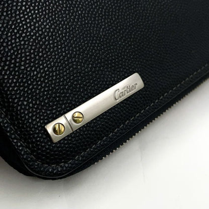 Cartier Santos De Cartier Round Long Wallet Leather Black Wallet Silver