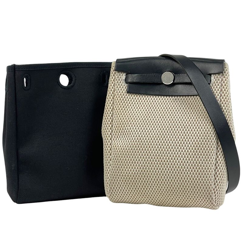 Hermes Herbag TPM Crossbody Shoulder Bag Toile Officier Black Natural □H Women