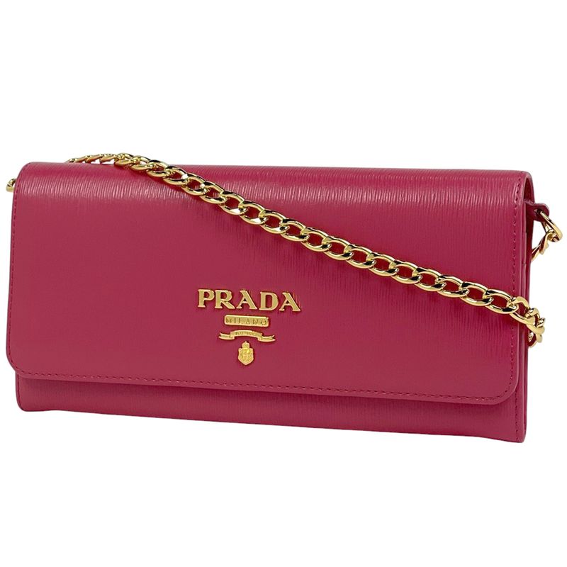 Prada Logo Chain Wallet Long Leather Pink Ladies
