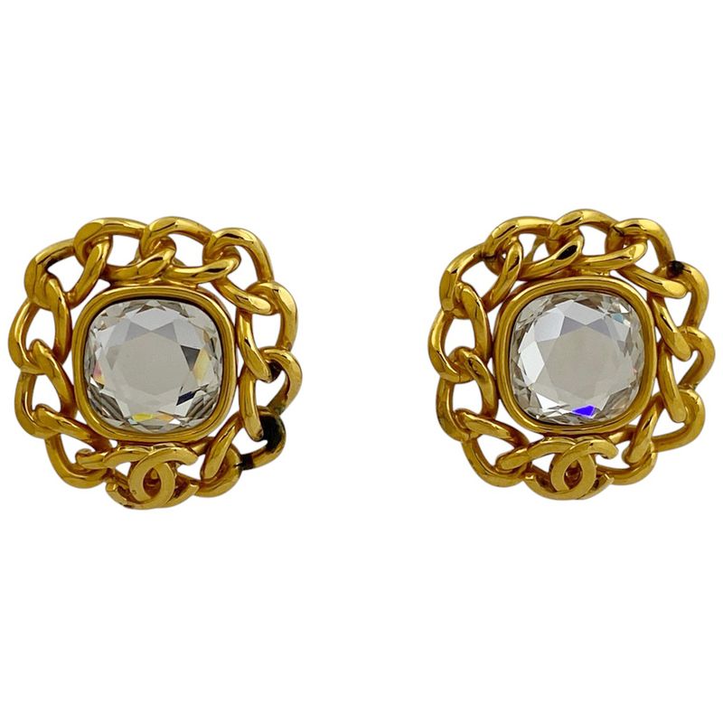 Chanel Coco Mark Rhinestone Earrings Chain Earrings GP Gold Ladies