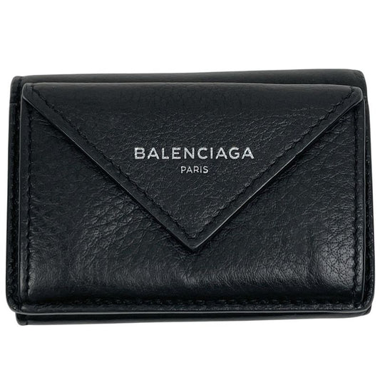 Balenciaga Paper Mini Wallet Logo Trifold Wallet Leather Black 391446 Women