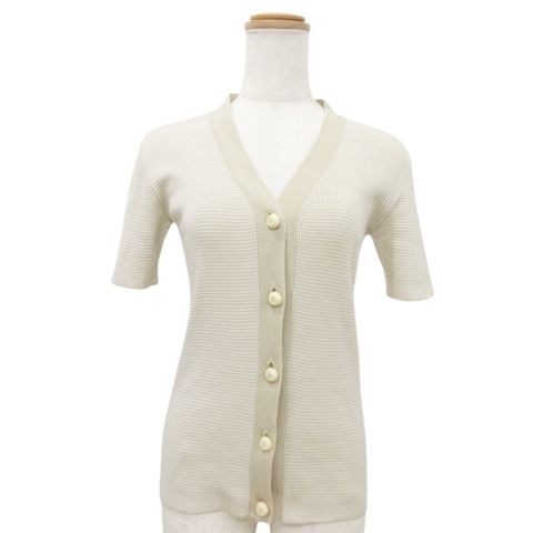 Prada Striped Short Sleeve Cardigan Knit 40 Approx Size M Beige Ibo58