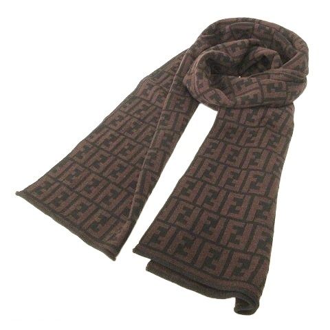Fendi UOMO Zucca Pattern Scarf Wool Shawl Collar Wrap Made In Italy Black Brown