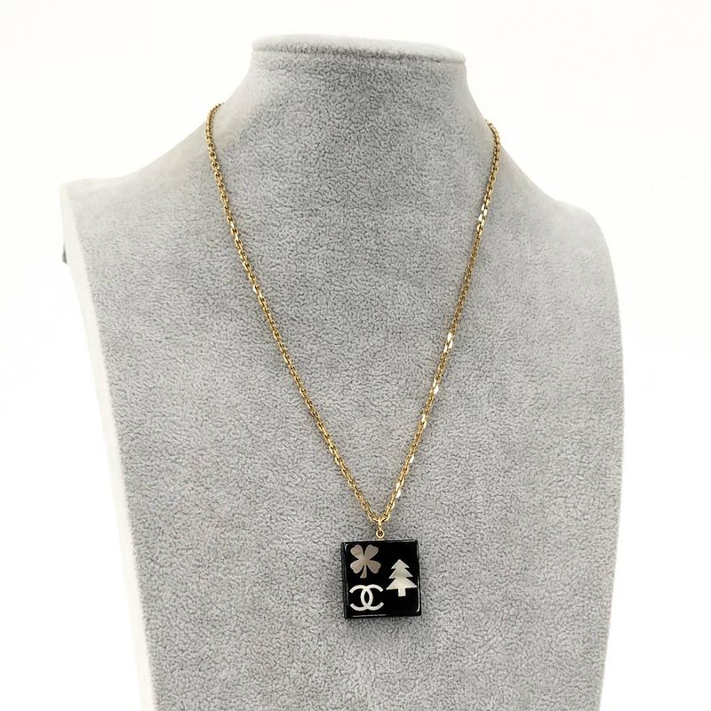 Chanel Necklace Coco Mark Square Shell Gold Plated Black 03A
