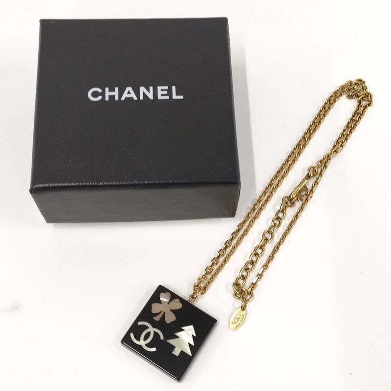Chanel Necklace Coco Mark Square Shell Gold Plated Black 03A