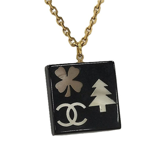 Chanel Necklace Coco Mark Square Shell Gold Plated Black 03A