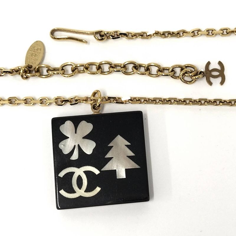 Chanel Necklace Coco Mark Square Shell Gold Plated Black 03A