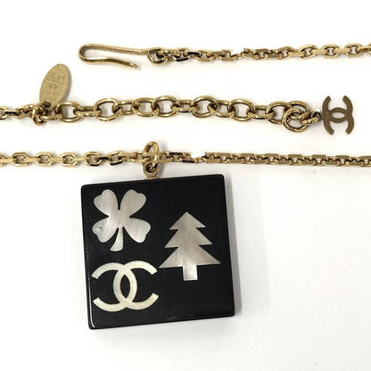 Chanel Necklace Coco Mark Square Shell Gold Plated Black 03A