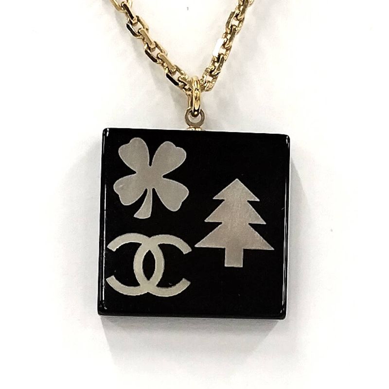 Chanel Necklace Coco Mark Square Shell Gold Plated Black 03A