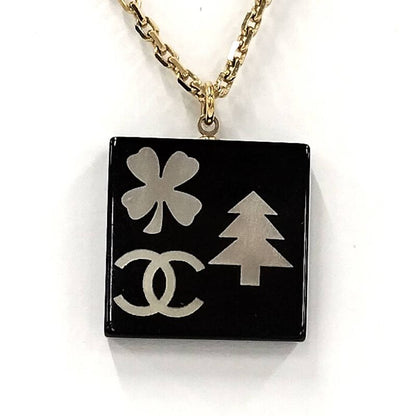 Chanel Necklace Coco Mark Square Shell Gold Plated Black 03A