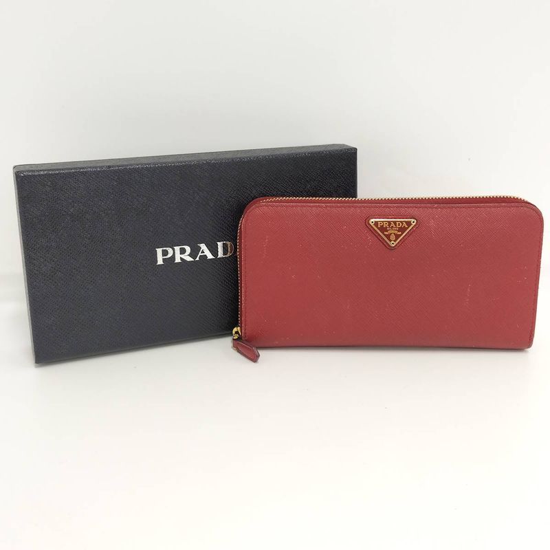 Prada Round Zipper Long Wallet Saffiano Leather Red 1ml506